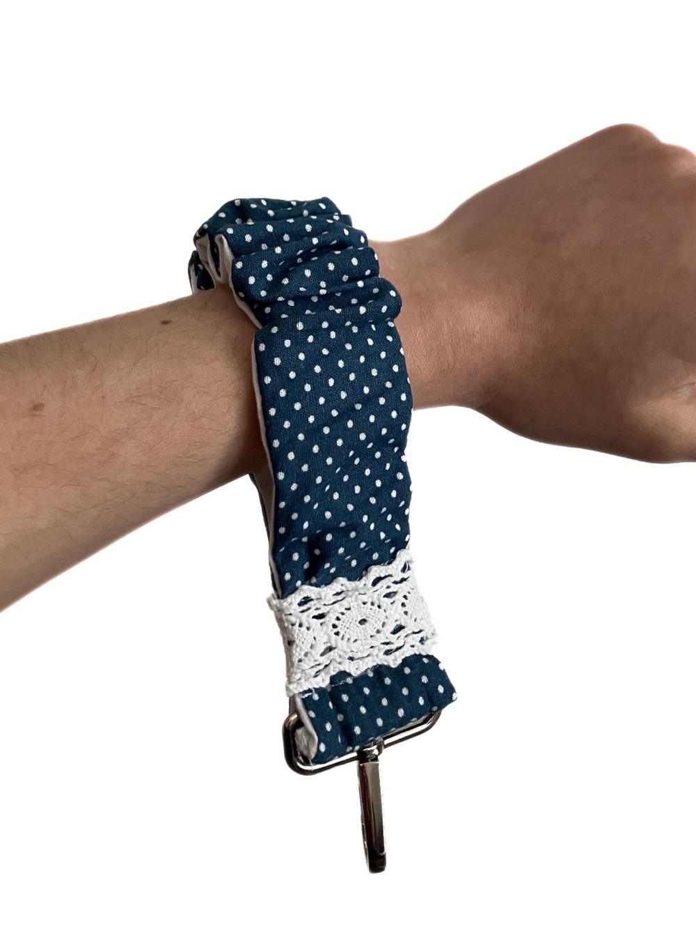 Handmade Scrunchie wrislet in blue and white polka dot